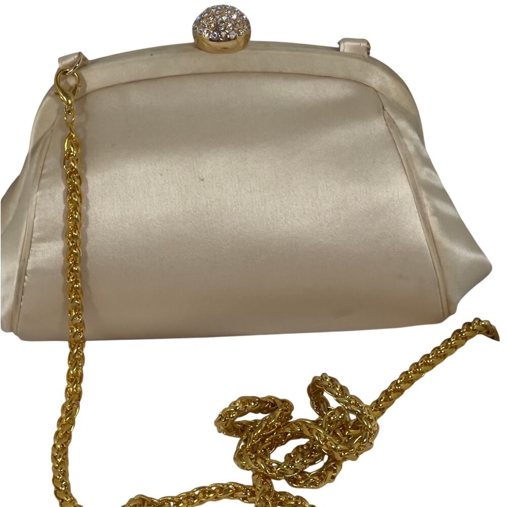 Inge Christopher Silk Evening Bag Ivory Gold Chain Jeweled Kiss Lock Clutch